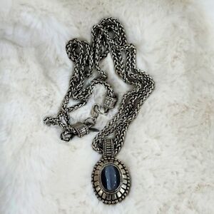 ROBERT ROSE NECKLACE MULTISTRAND SILVERTONE W BLUE OVAL PENDANT